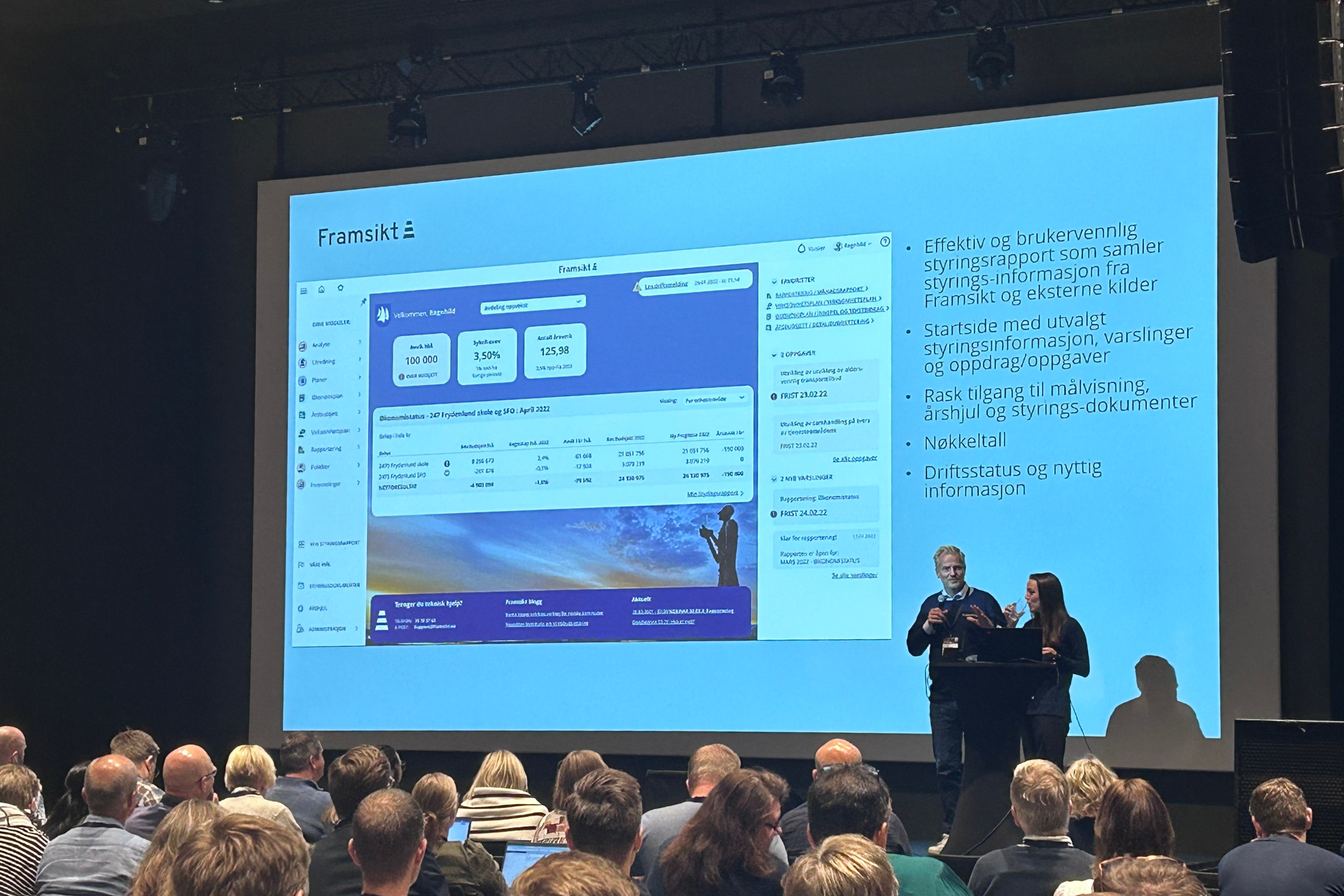 Bildet viser en stor skjerm med et bilde på. To personer holder foredrag. Foran sitter mange tilskuere.